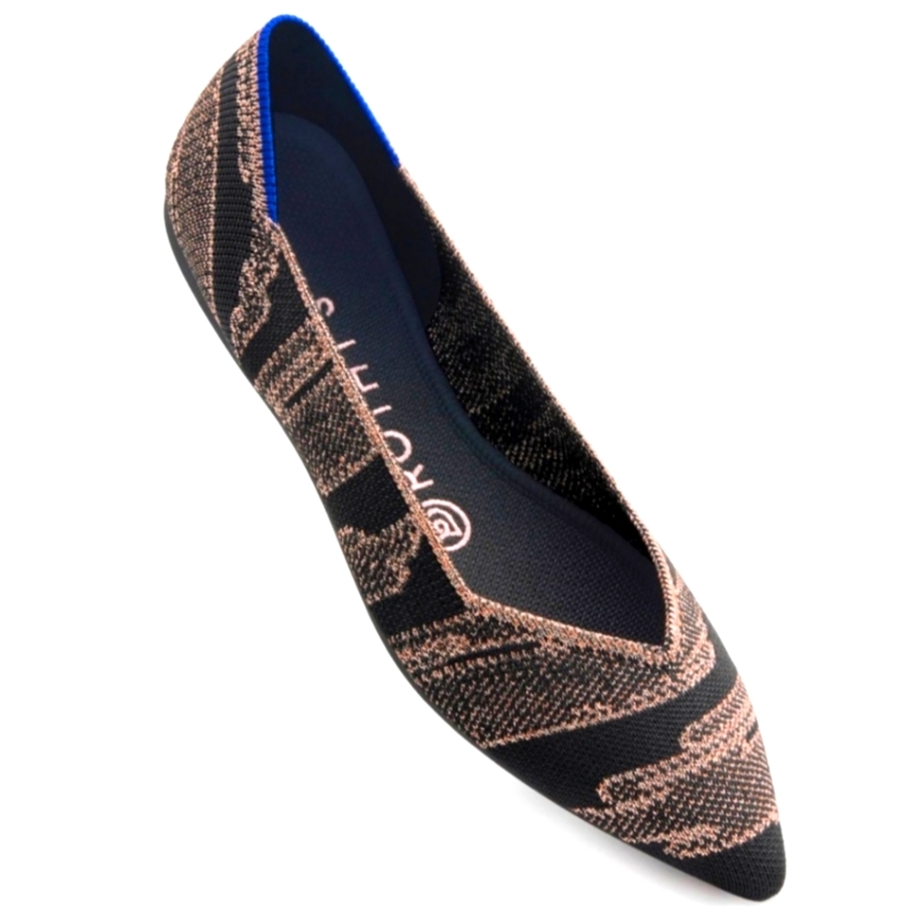 Rothy's Golden Shimmer Point Toe Flats Black & Metallic Gold Slip on Sz 38.5